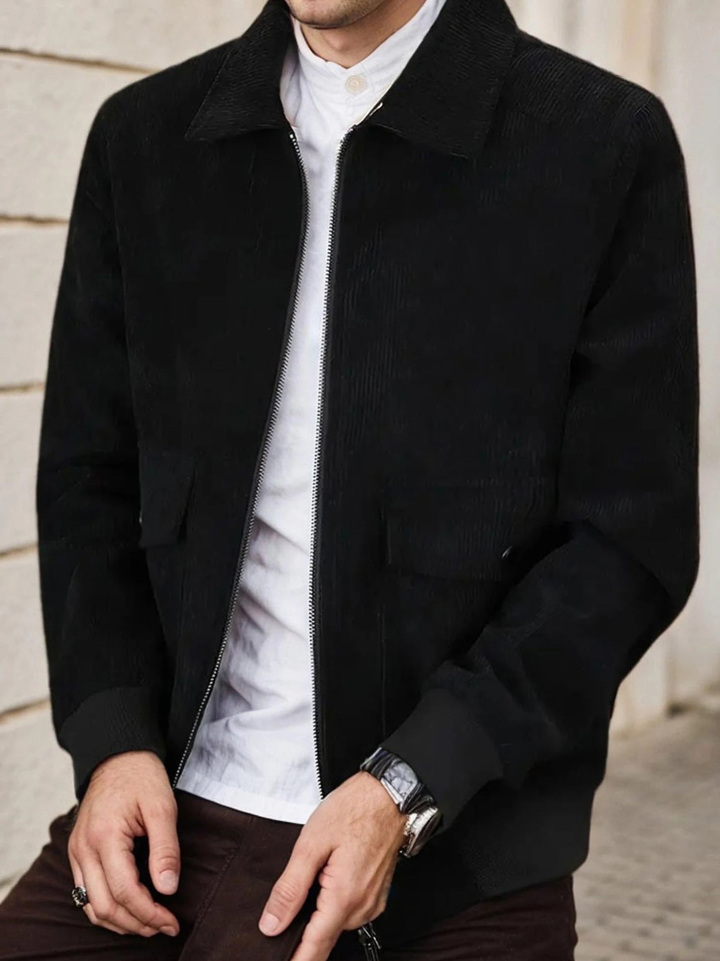Mens Corduroy Trucker Jacket Zip Up Lapel Shacket Coat