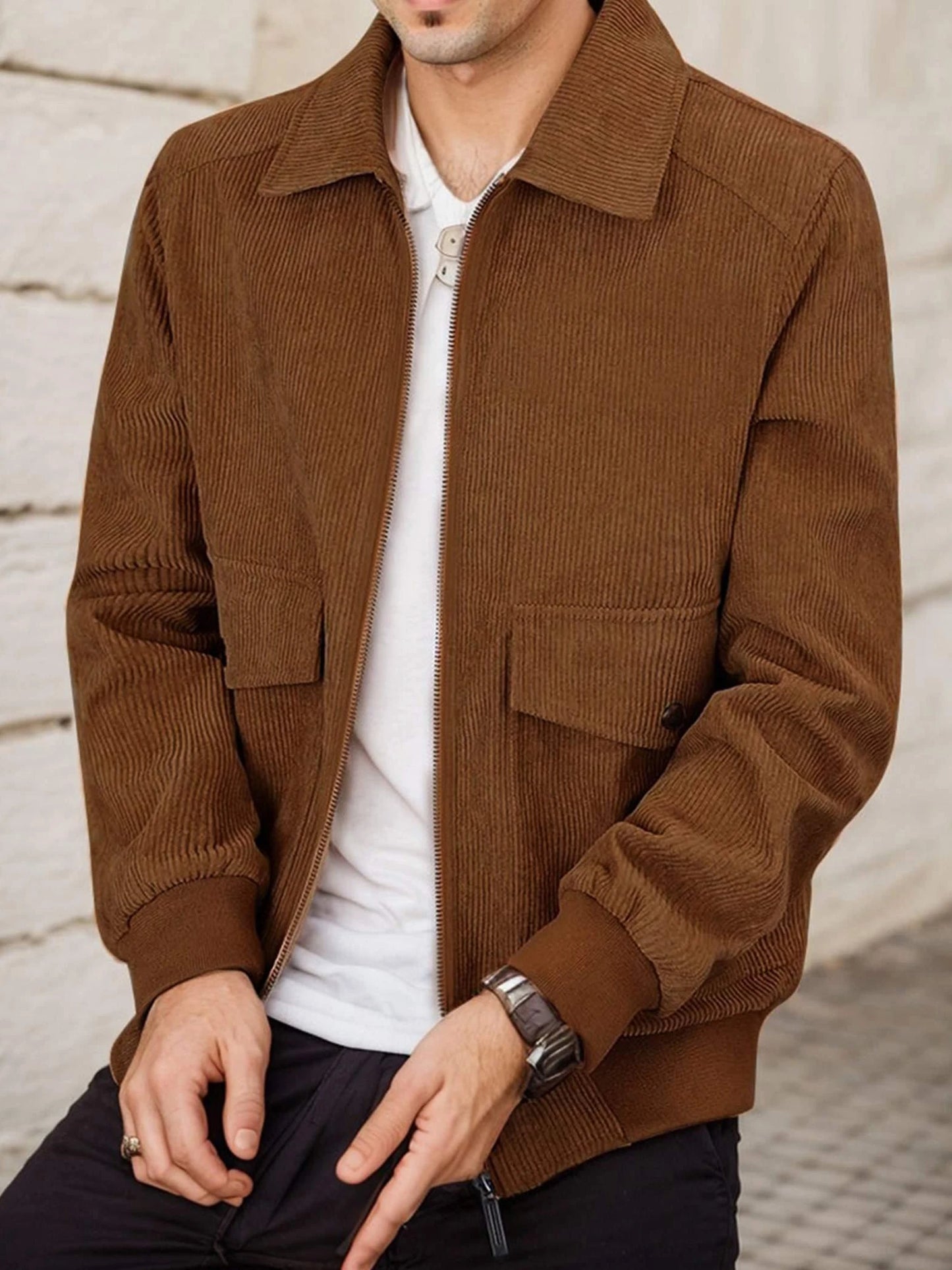 Mens Corduroy Trucker Jacket Zip Up Lapel Shacket Coat