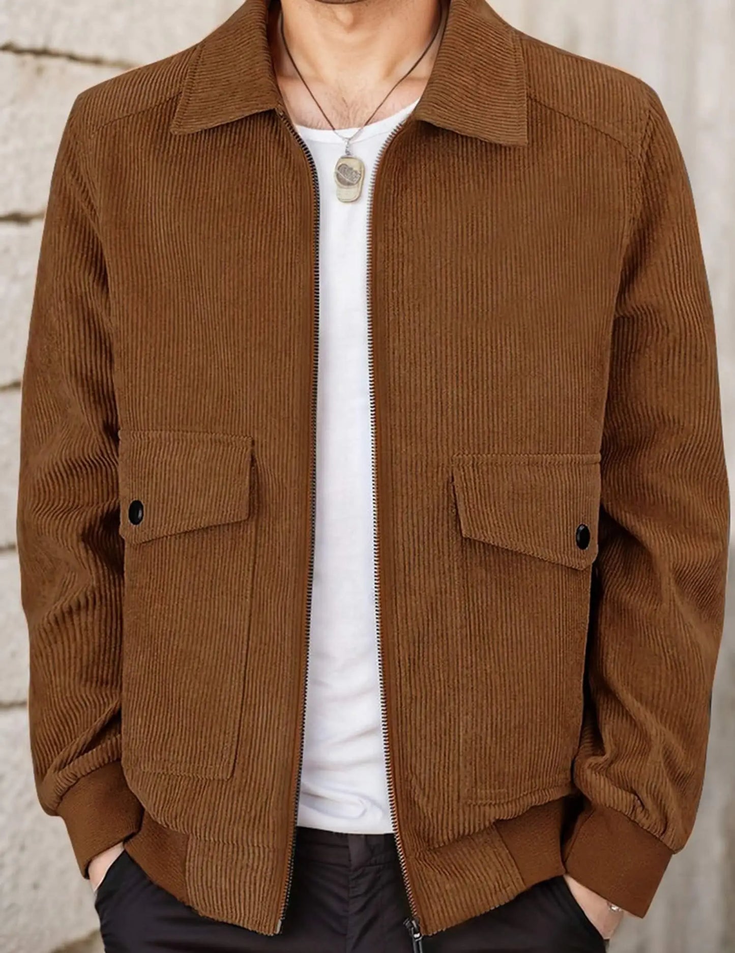 Mens Corduroy Trucker Jacket Zip Up Lapel Shacket Coat