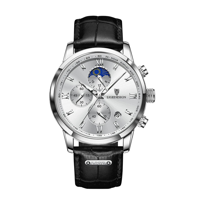 LIGE Mens Leather Military Watch Moon Phase Quartz
