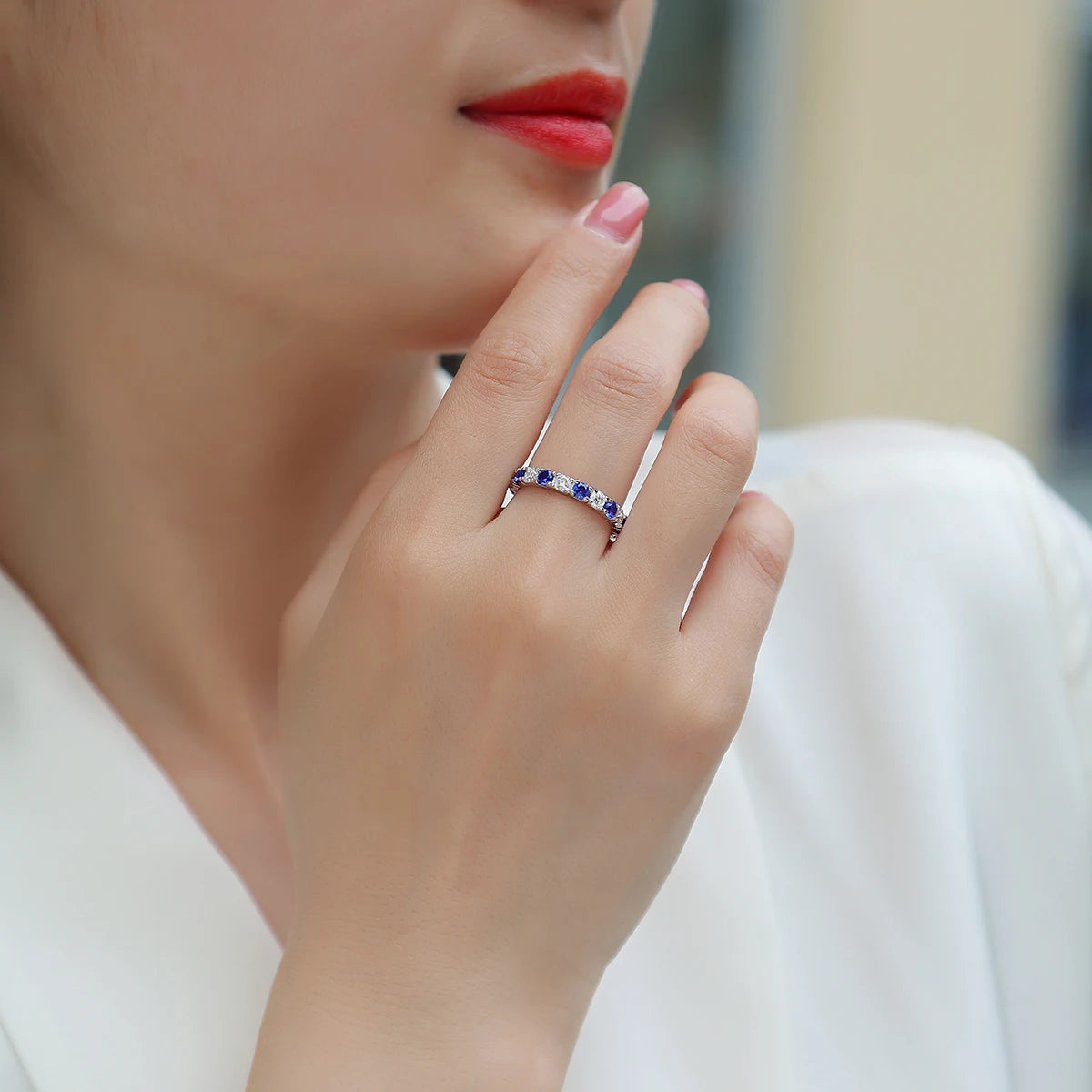 Certificate S925 Silver Moissanite And Sapphire Ring