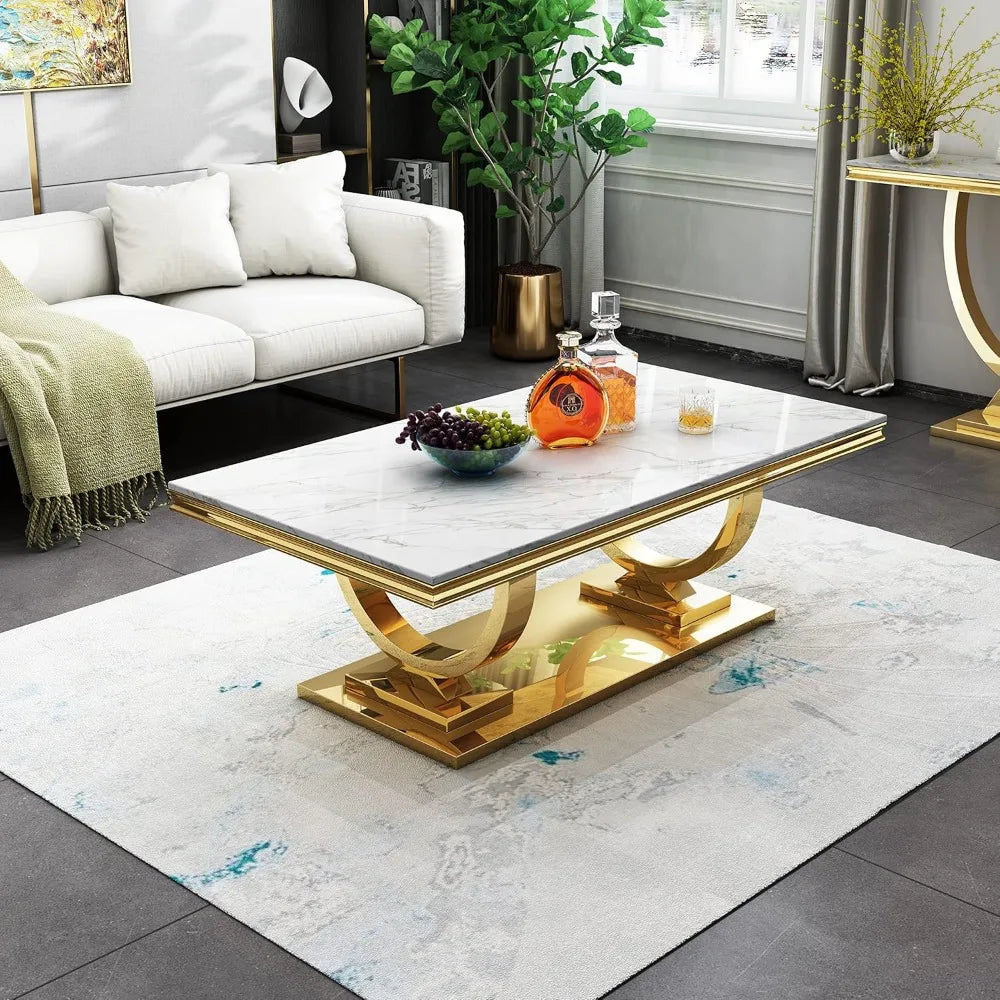 Marble Coffee Table With Mirrored Stainless Steel Base