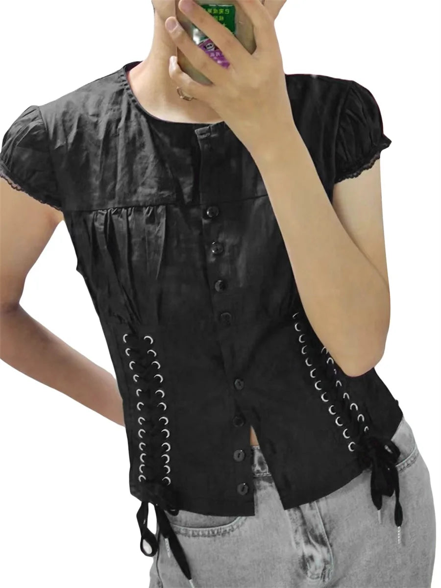 Hirigin Women Lace Top Sleeve Round Neck Ruffle Button