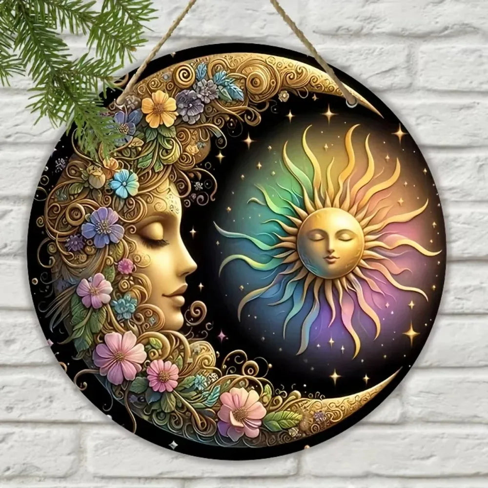 HelloYoung Floral Wood Mandala Sun and Moon Wall Art