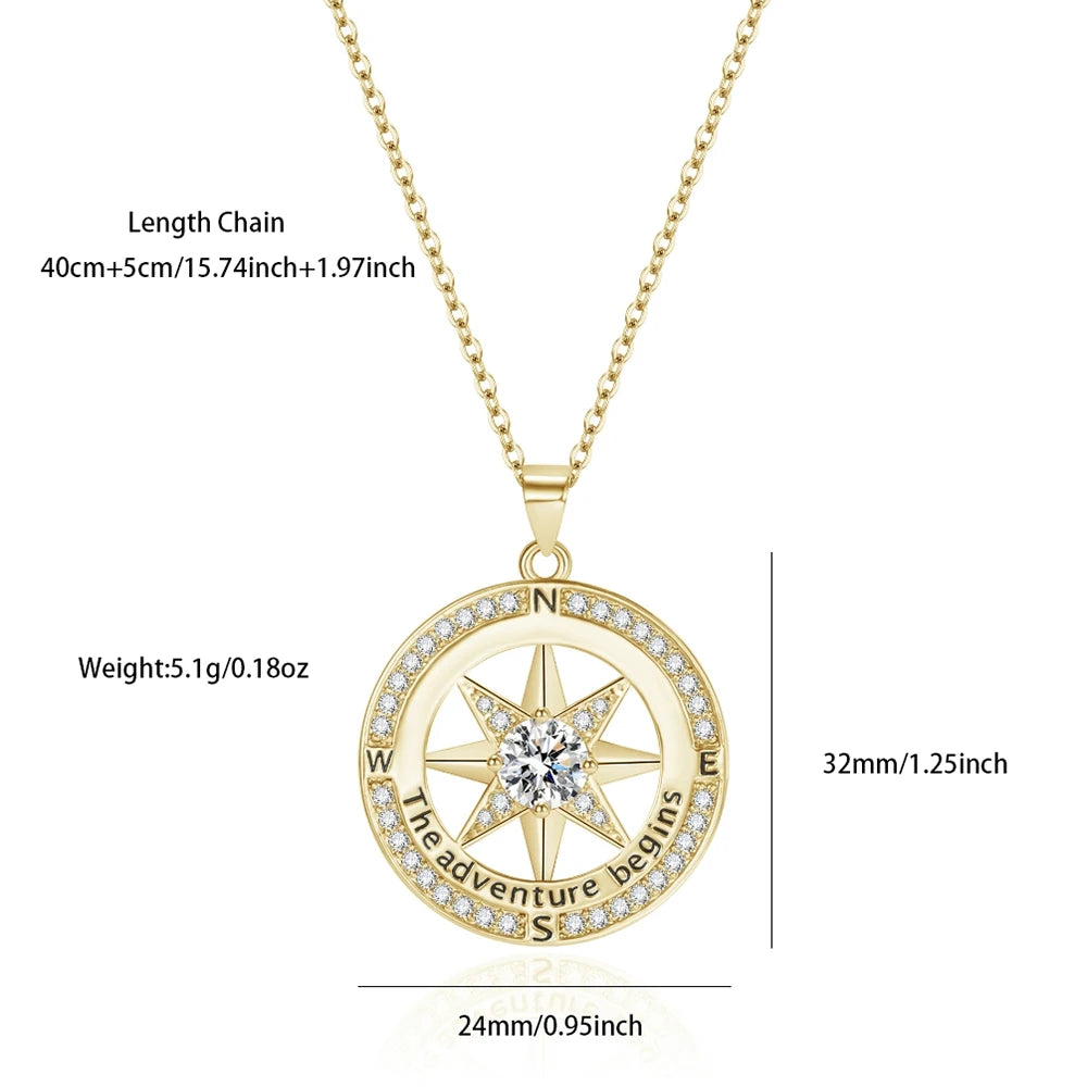 Sterling Silver Compass Necklace Cubic Zirconia Pendant
