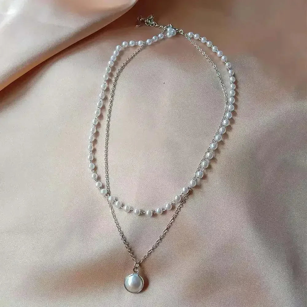 MIHJUSFDHCN Pearl Necklace Double Layer Bead Pendant