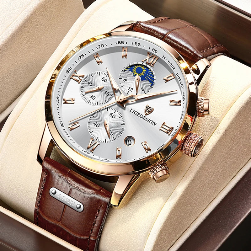 LIGE Mens Leather Military Watch Moon Phase Quartz