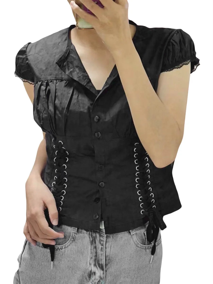 Hirigin Women Lace Top Sleeve Round Neck Ruffle Button