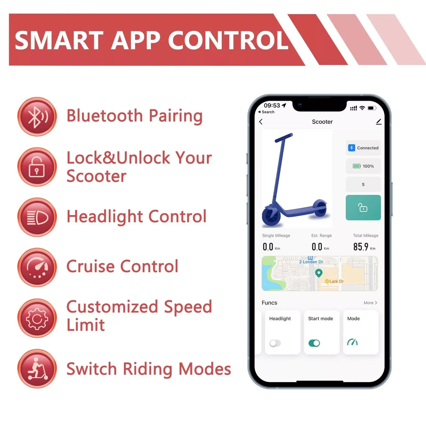 Ladped Electric Scooter 350W 19 MPH APP Smart Foldable
