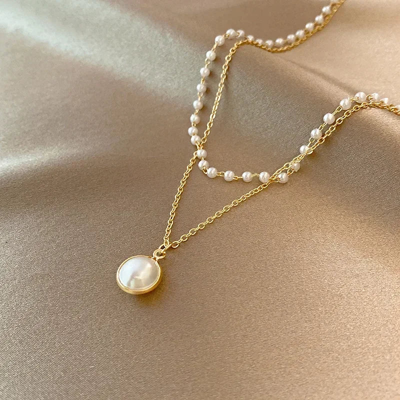 MIHJUSFDHCN Pearl Necklace Double Layer Bead Pendant