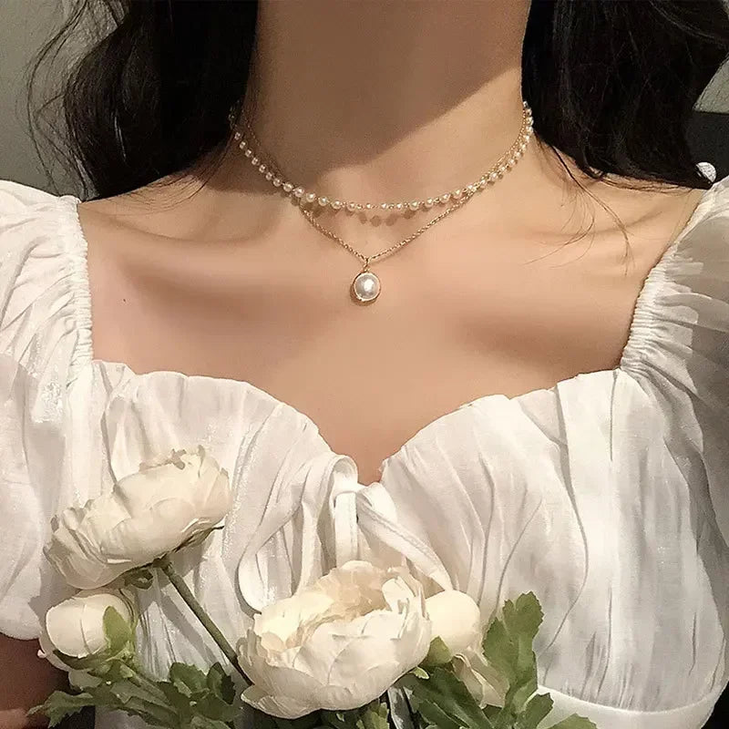 MIHJUSFDHCN Pearl Necklace Double Layer Bead Pendant