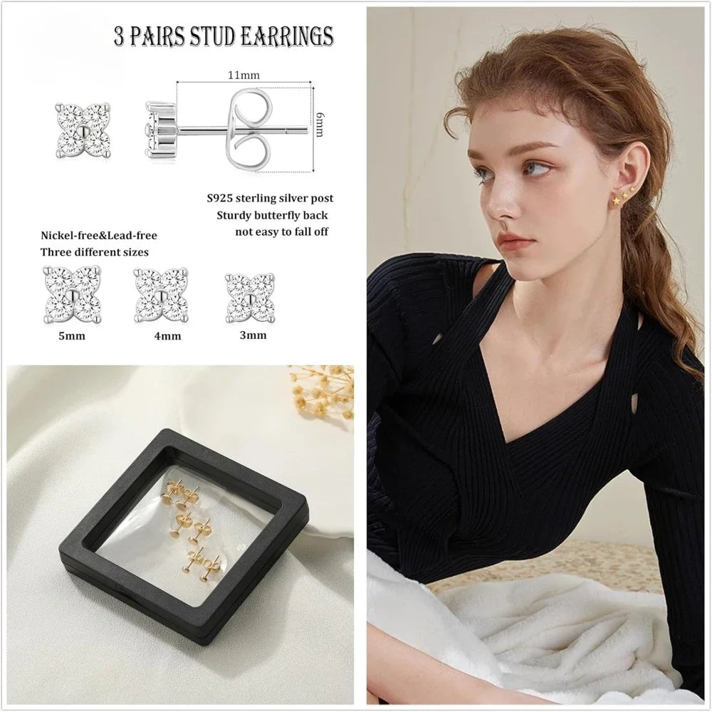 Zhejiang Sterling Silver 3 Pairs Tiny Stud Earrings Women