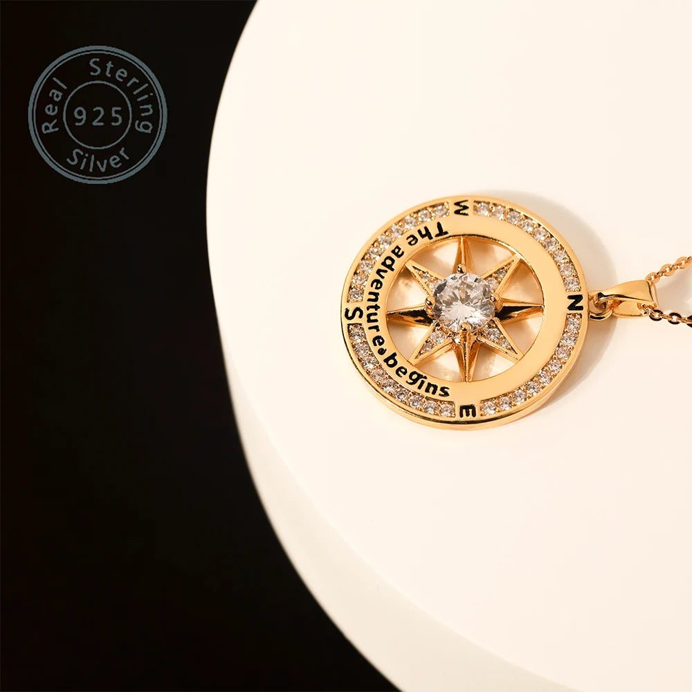 Sterling Silver Compass Necklace Cubic Zirconia Pendant