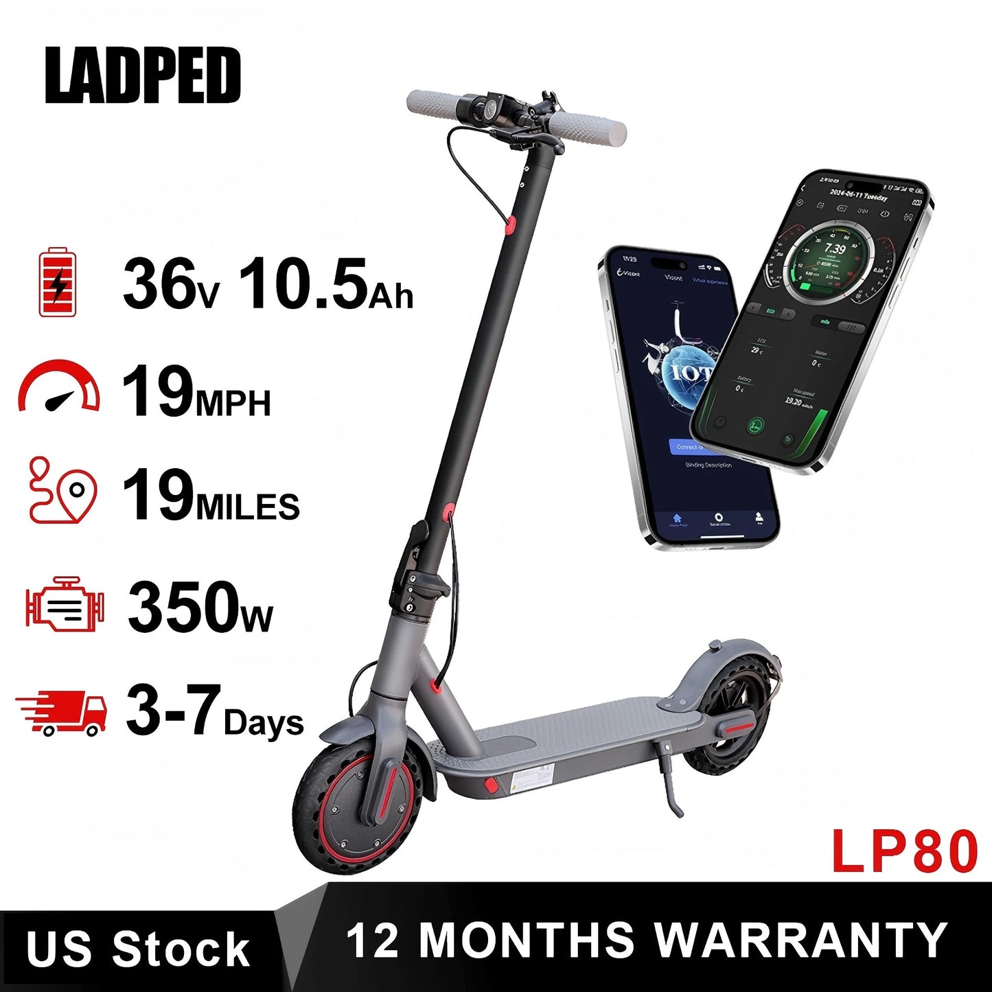 Ladped Electric Scooter 350W 19 MPH APP Smart Foldable