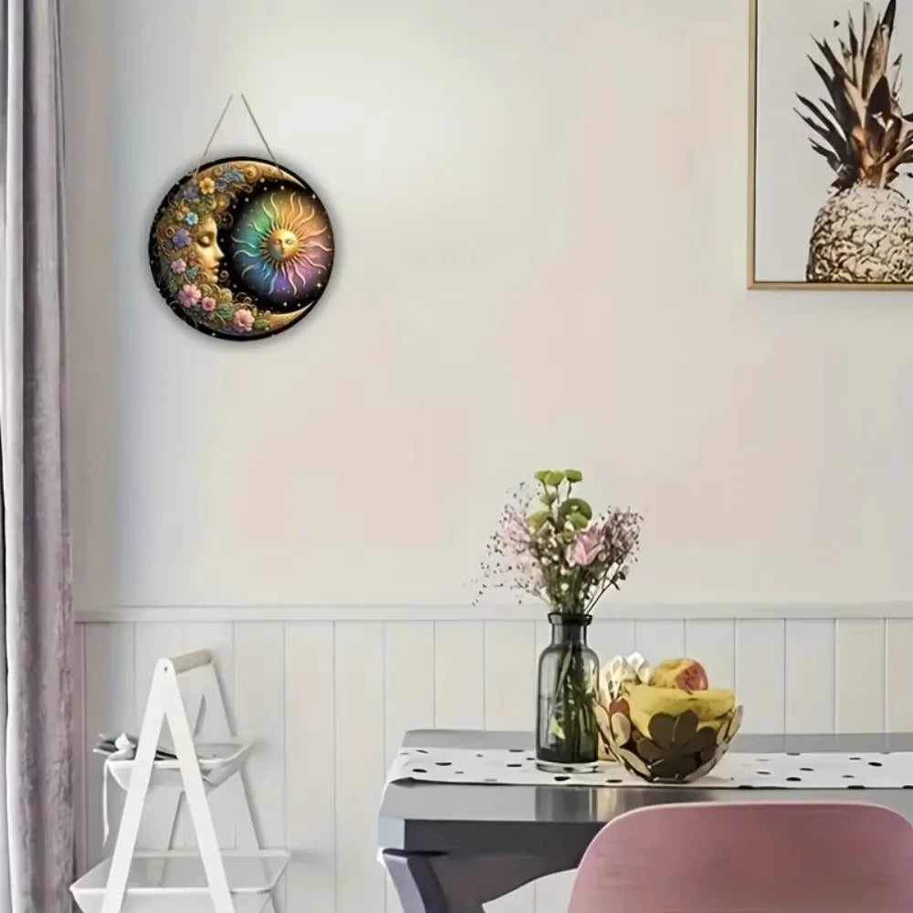 HelloYoung Floral Wood Mandala Sun and Moon Wall Art