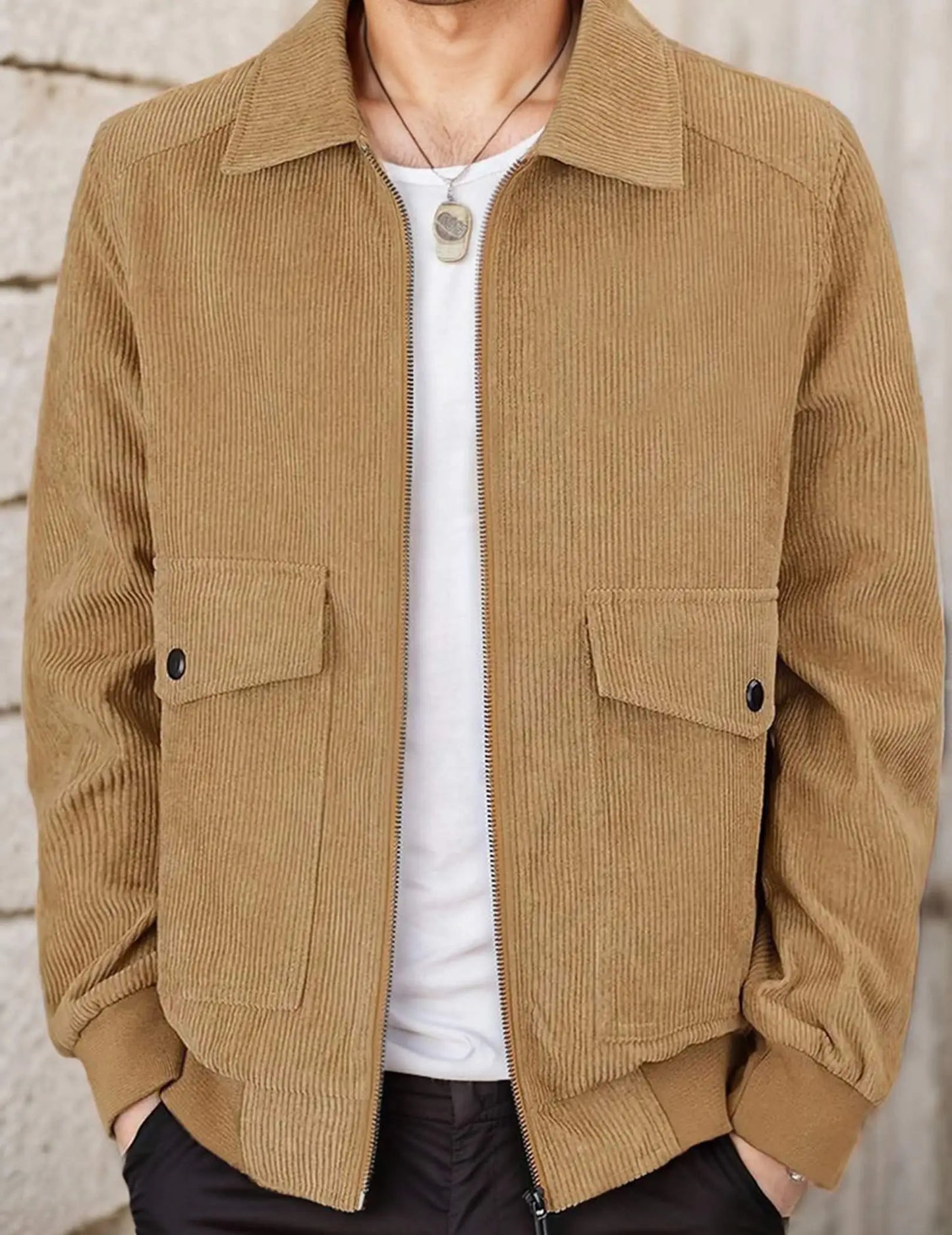 Mens Corduroy Trucker Jacket Zip Up Lapel Shacket Coat