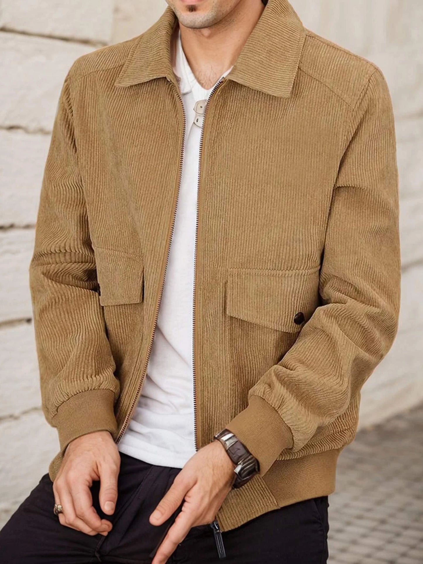 Mens Corduroy Trucker Jacket Zip Up Lapel Shacket Coat