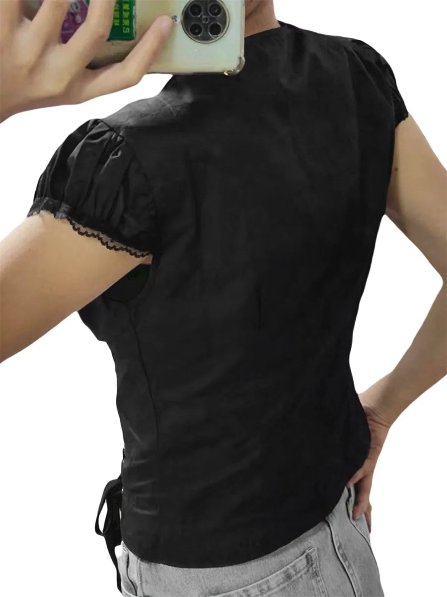 Hirigin Women Lace Top Sleeve Round Neck Ruffle Button