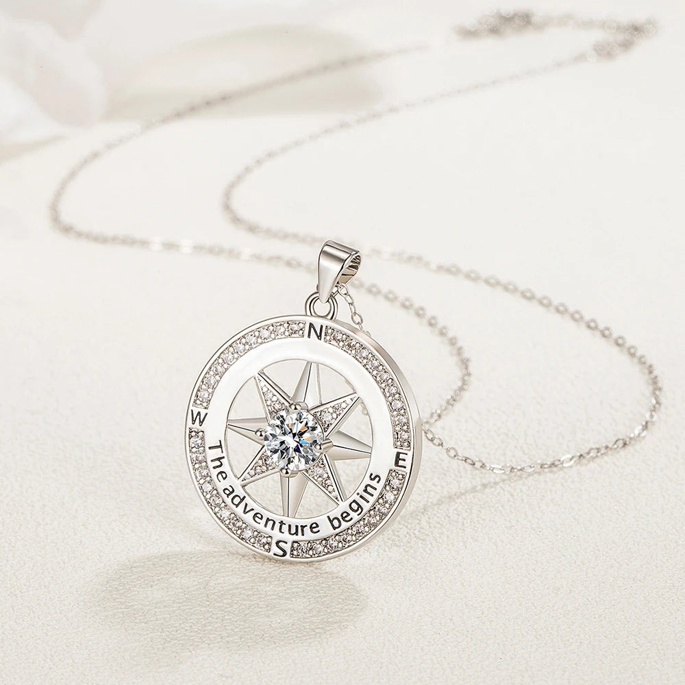 Sterling Silver Compass Necklace Cubic Zirconia Pendant