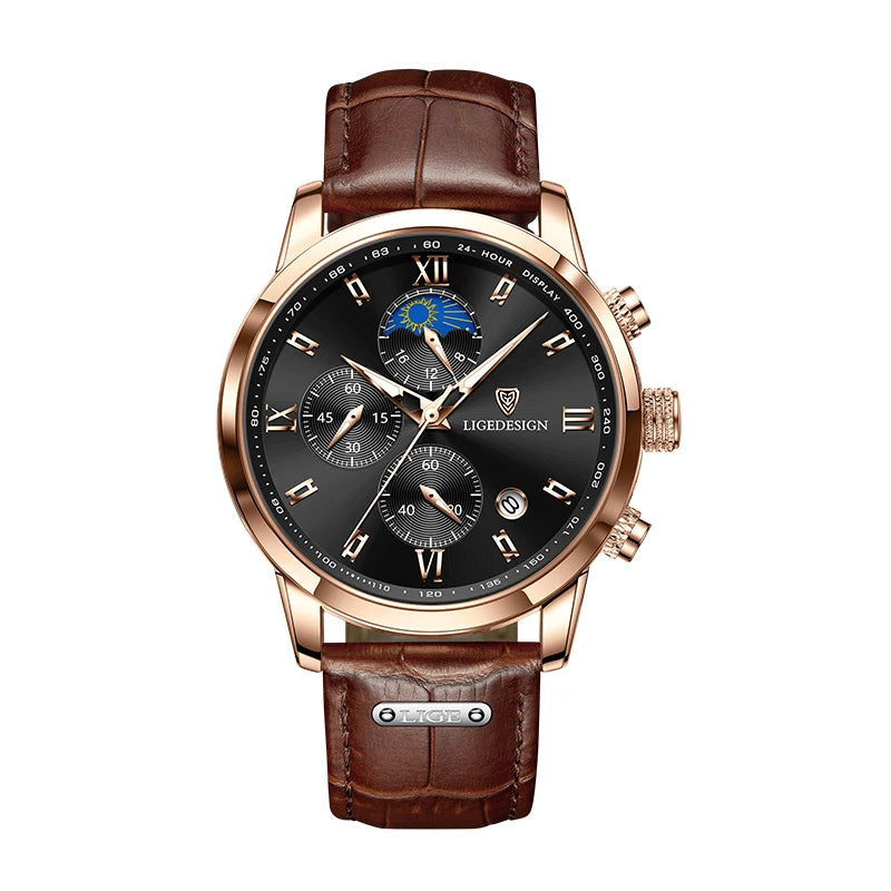 LIGE Mens Leather Military Watch Moon Phase Quartz