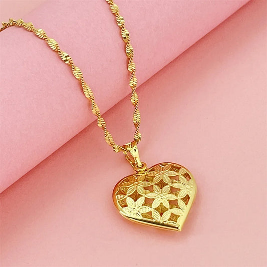 Luxury 24K 9999 Pure Gold real gold Women's Water Wave Chain Heart Brand Necklace
