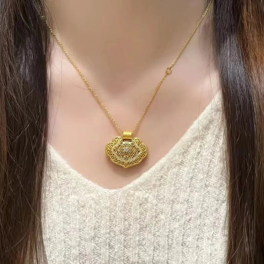 Women's 24K Gold (AU999) Moissanite Ruyi Longevity Lock Necklace Gold-washed faceted lock, filigree lotus with yellow moissanite