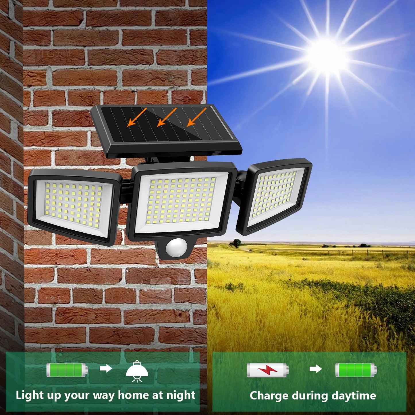 SZRSTH Three Head Solar Motion Sensor Light With 200 LEDs