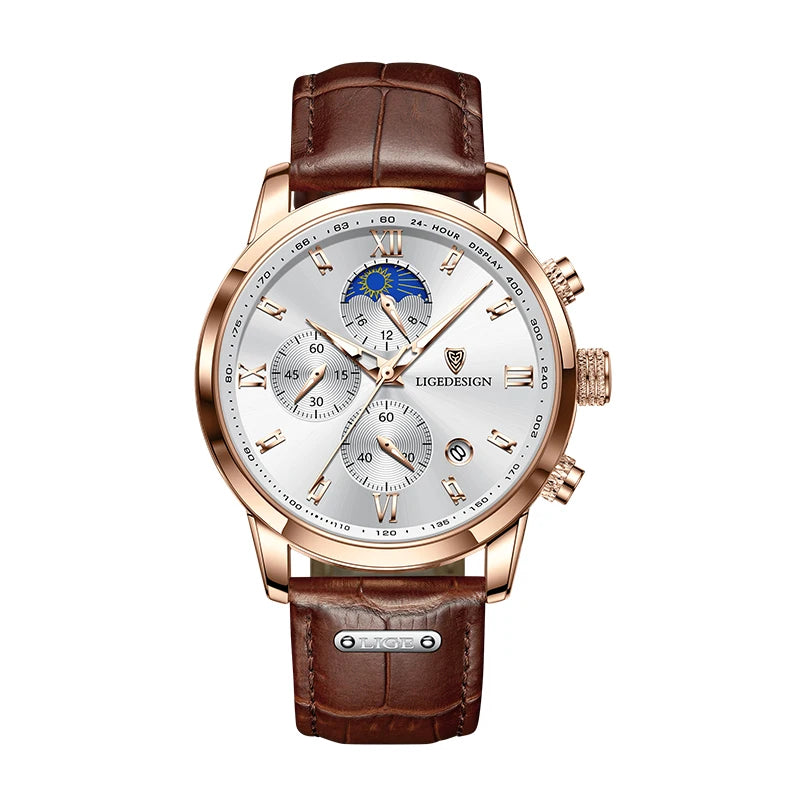 LIGE Mens Leather Military Watch Moon Phase Quartz