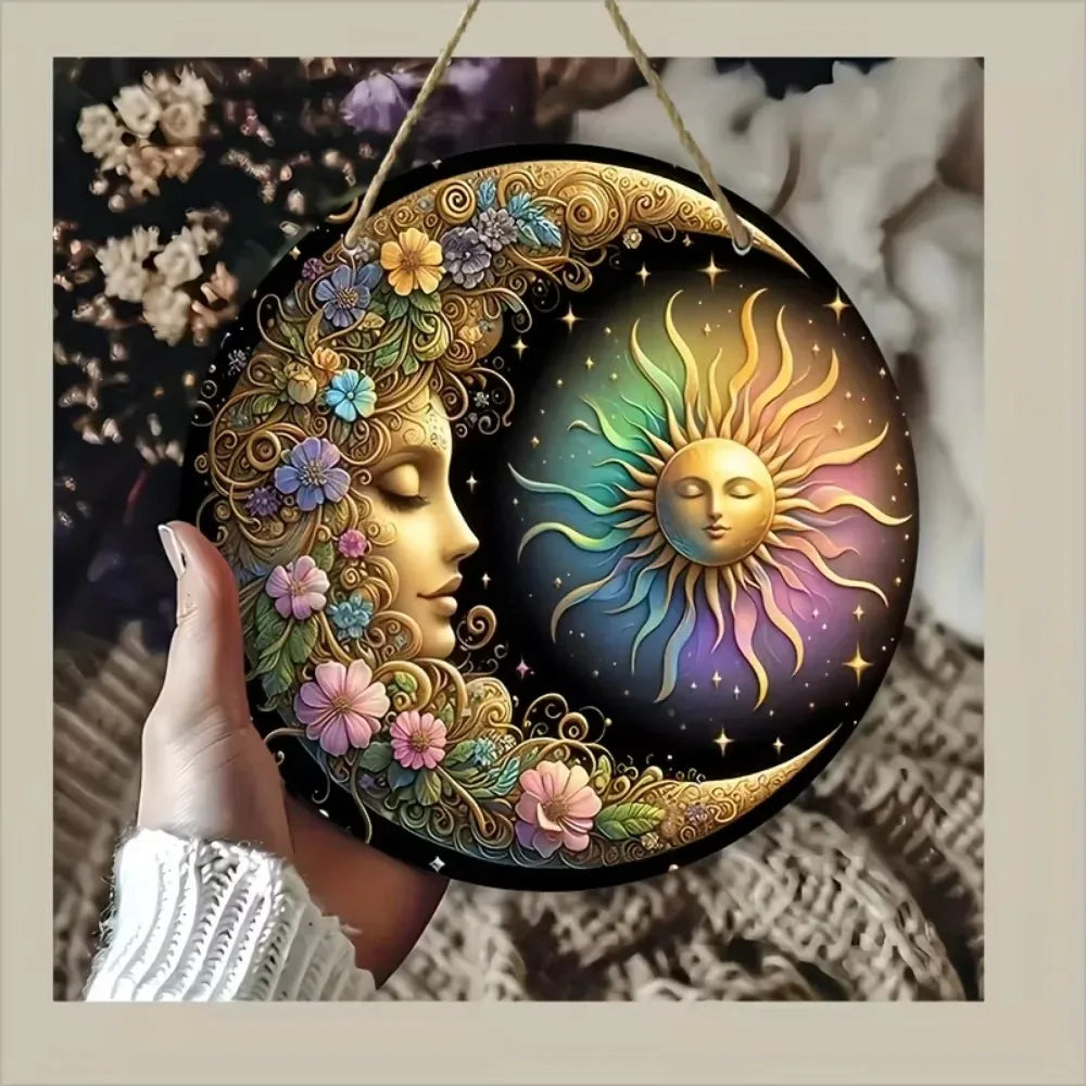 HelloYoung Floral Wood Mandala Sun and Moon Wall Art