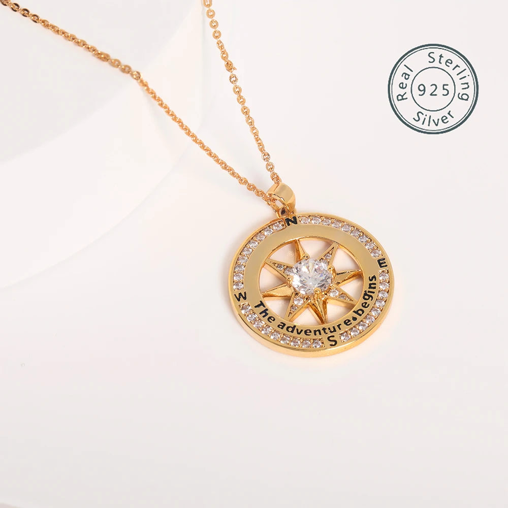 Sterling Silver Compass Necklace Cubic Zirconia Pendant