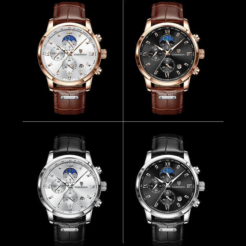 LIGE Mens Leather Military Watch Moon Phase Quartz