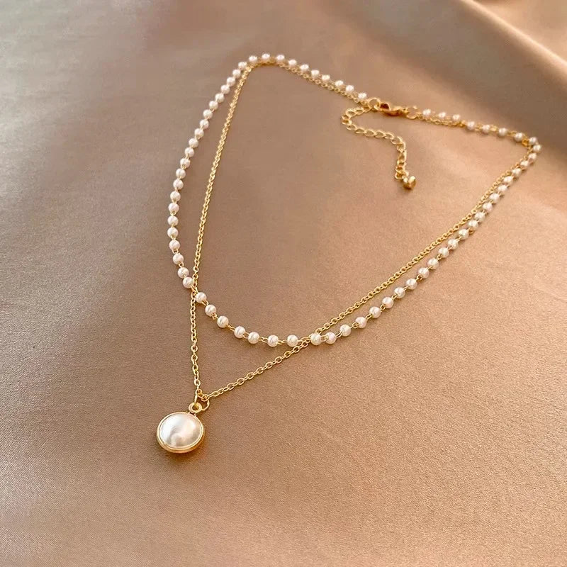 MIHJUSFDHCN Pearl Necklace Double Layer Bead Pendant