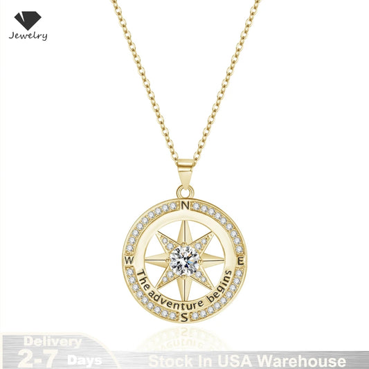 Sterling Silver Compass Necklace Cubic Zirconia Pendant