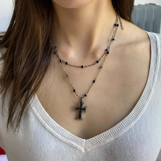 Summer Black Rhinestone Cross Jesus Pendant Choker Necklace for Women Punk Vintage Double Layers Chain 2025 Neck Boho Jewelry