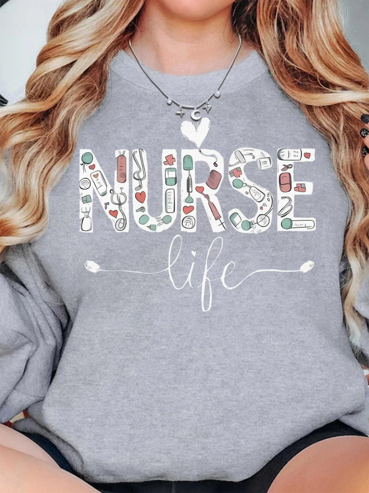 Fall Winter Plus Size Cotton Crew Neck Sweatshirt Women Nurse Life Print Oversized Hoodie Crew Neck Long Sleeved Casual Tops