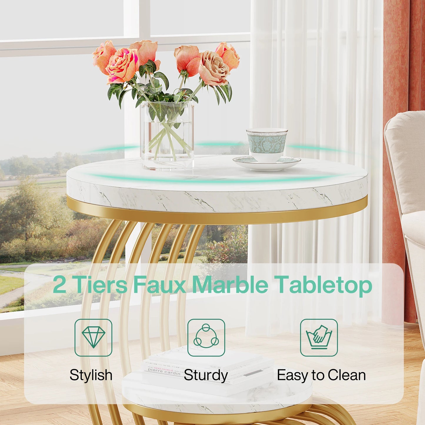 Tribesigns Round End Table With Storage Shelf Faux Marble