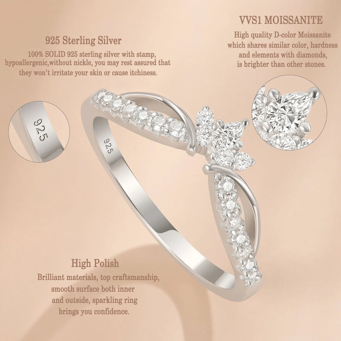 Newshe Moissanite Wedding Band Women Crown Ring 925 Silver