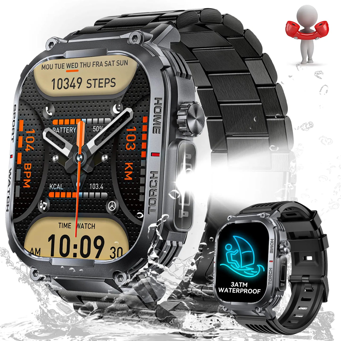 LaNikar Men Smart Watch 3ATM 2.02 Inch Compass LED HR