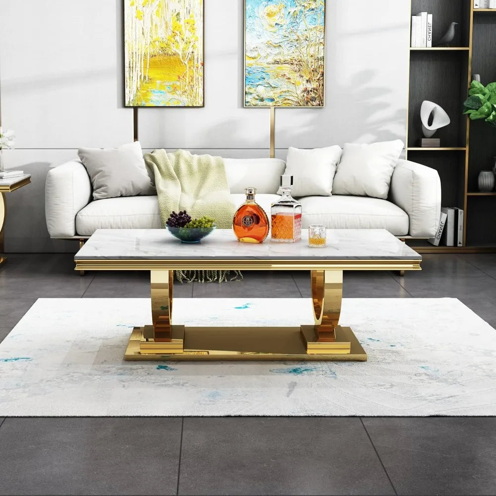 Marble Coffee Table With Mirrored Stainless Steel Base