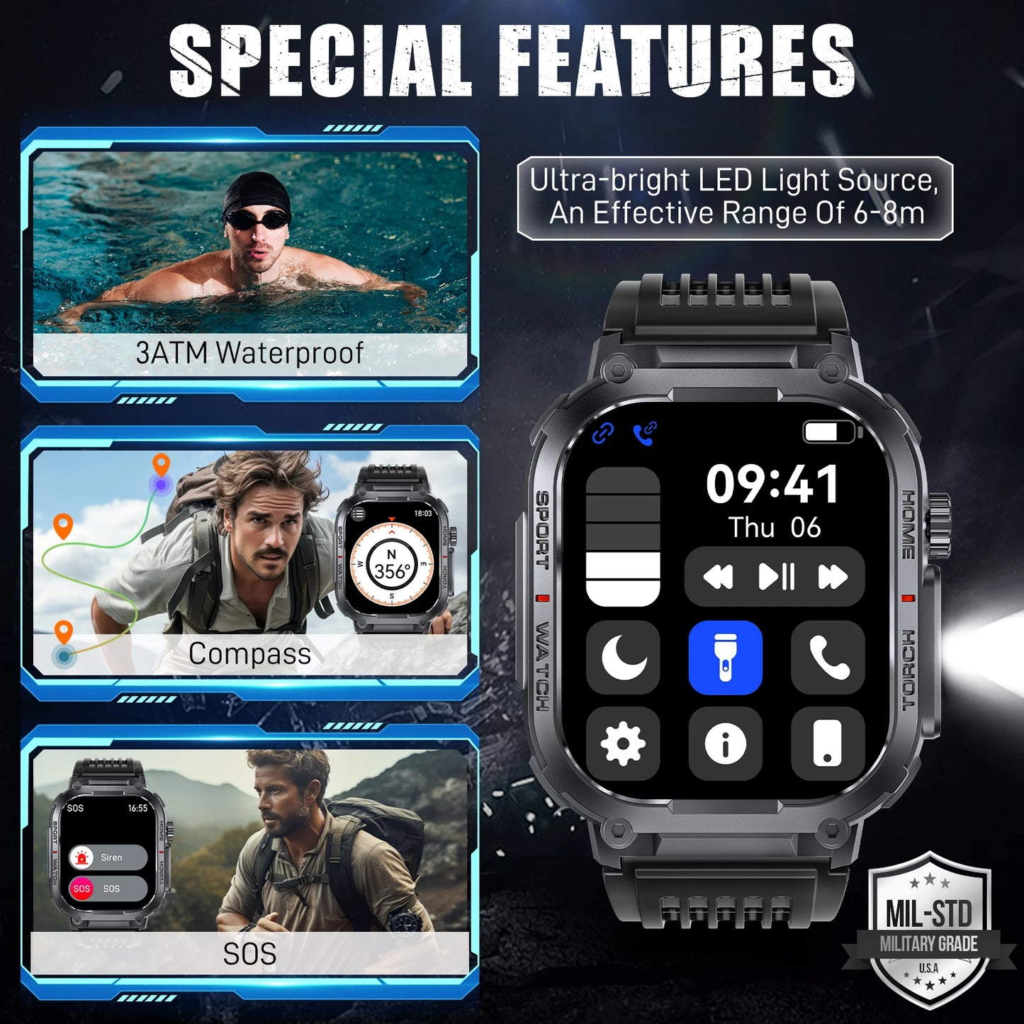 LaNikar Men Smart Watch 3ATM 2.02 Inch Compass LED HR