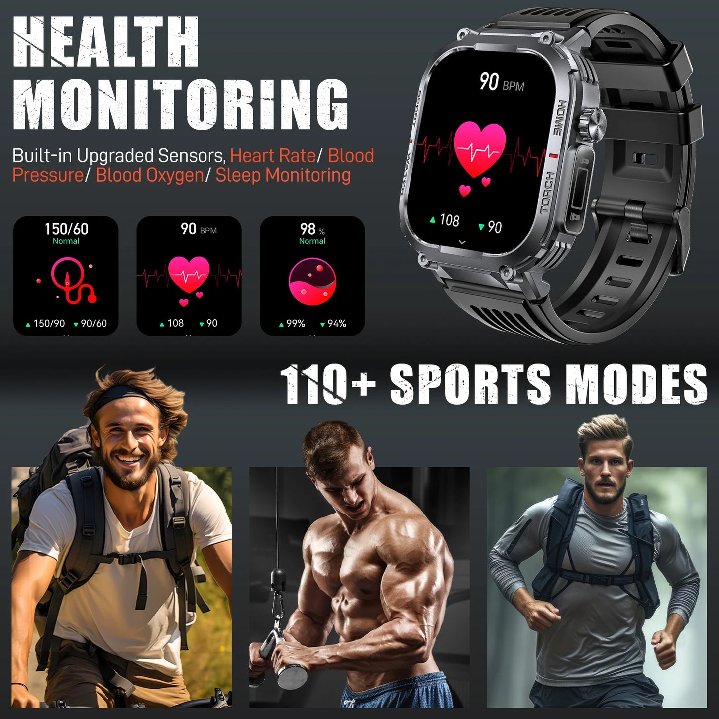 LaNikar Men Smart Watch 3ATM 2.02 Inch Compass LED HR