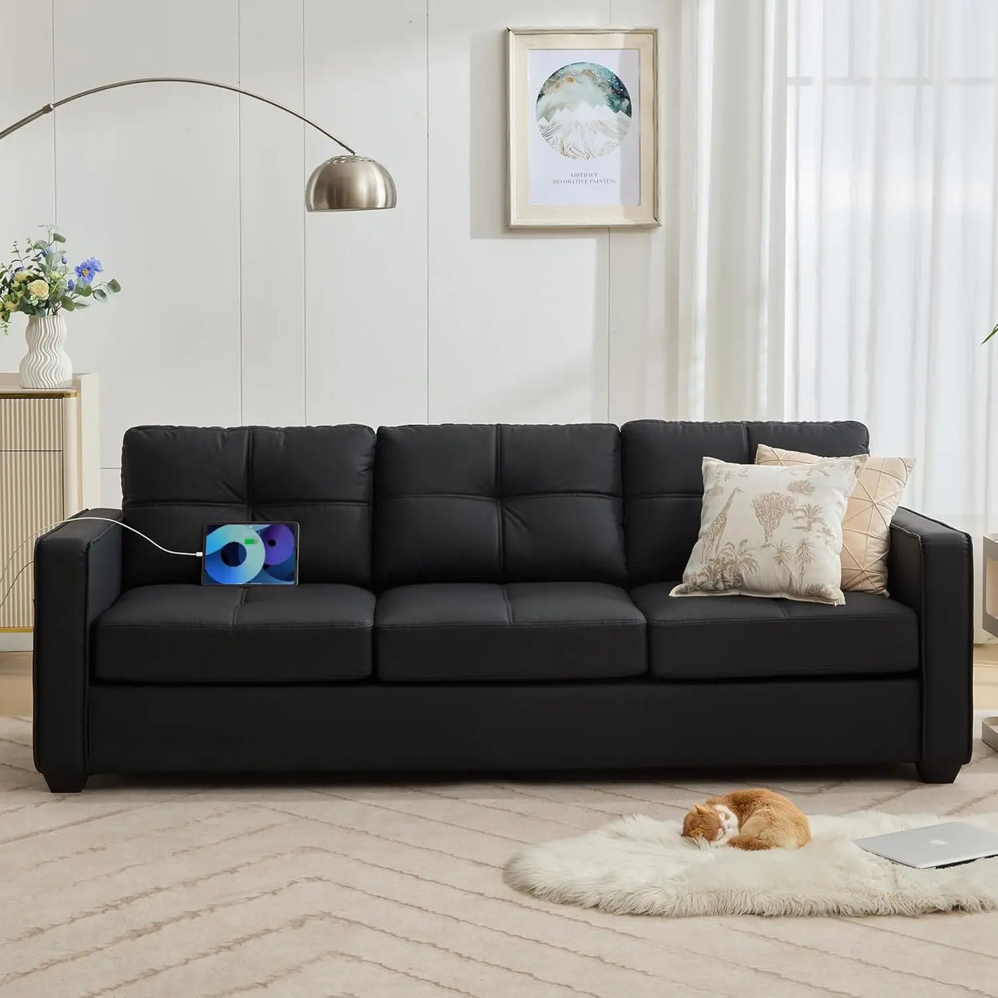 CN Sichuan Faux Leather Sofa Mid Century Tufted Loveseat