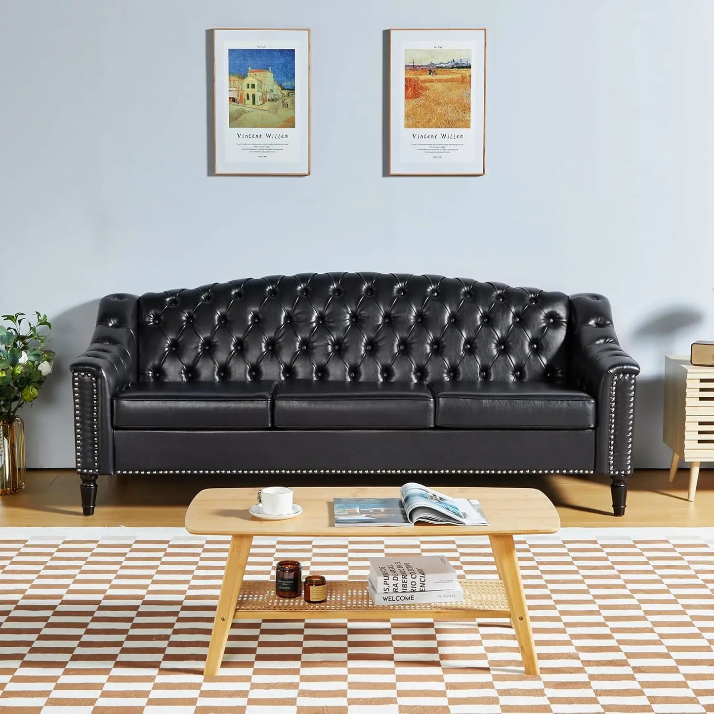 Sichuan 3 Seater Faux Leather Sofa Tufted Back Modern