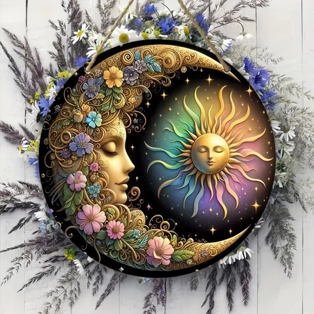 HelloYoung Floral Wood Mandala Sun and Moon Wall Art