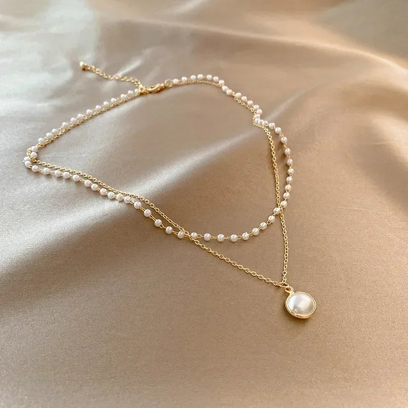 MIHJUSFDHCN Pearl Necklace Double Layer Bead Pendant