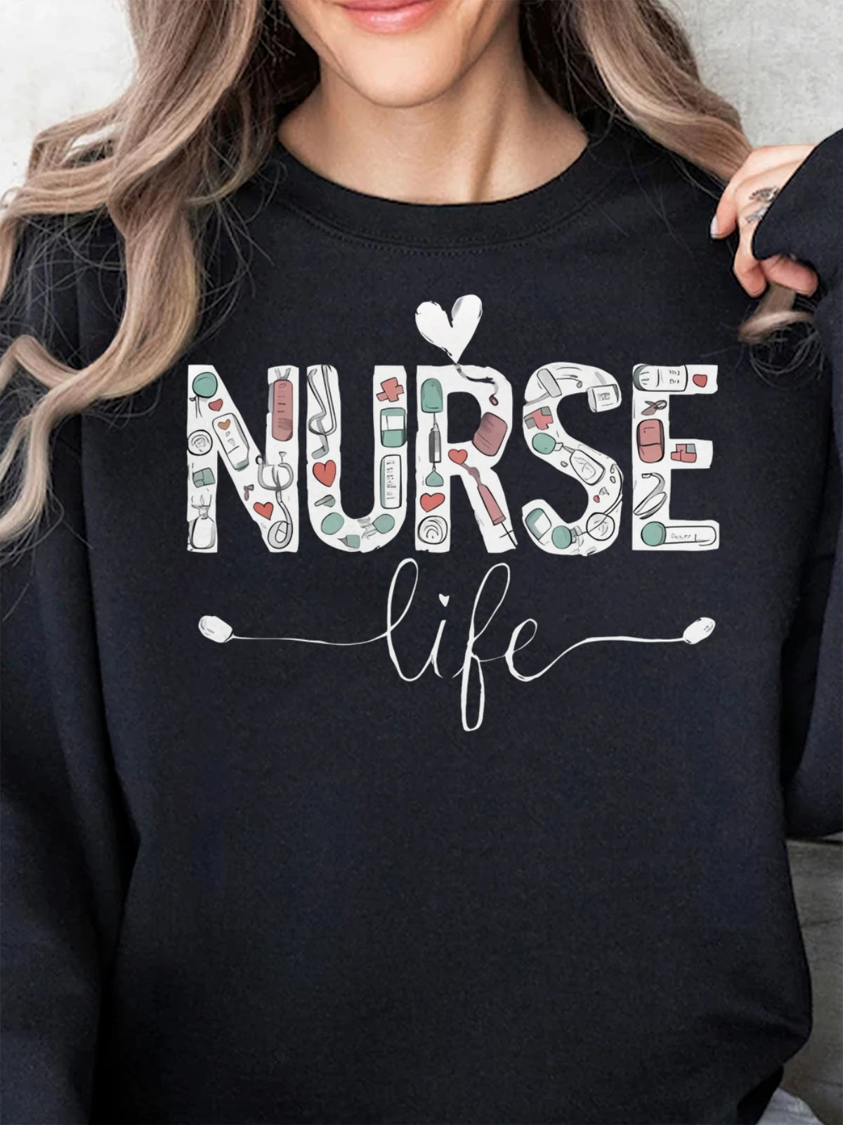Fall Winter Plus Size Cotton Crew Neck Sweatshirt Women Nurse Life Print Oversized Hoodie Crew Neck Long Sleeved Casual Tops