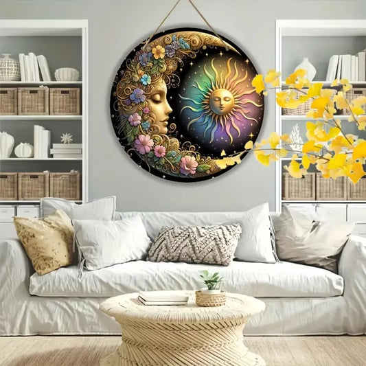 HelloYoung Floral Wood Mandala Sun and Moon Wall Art