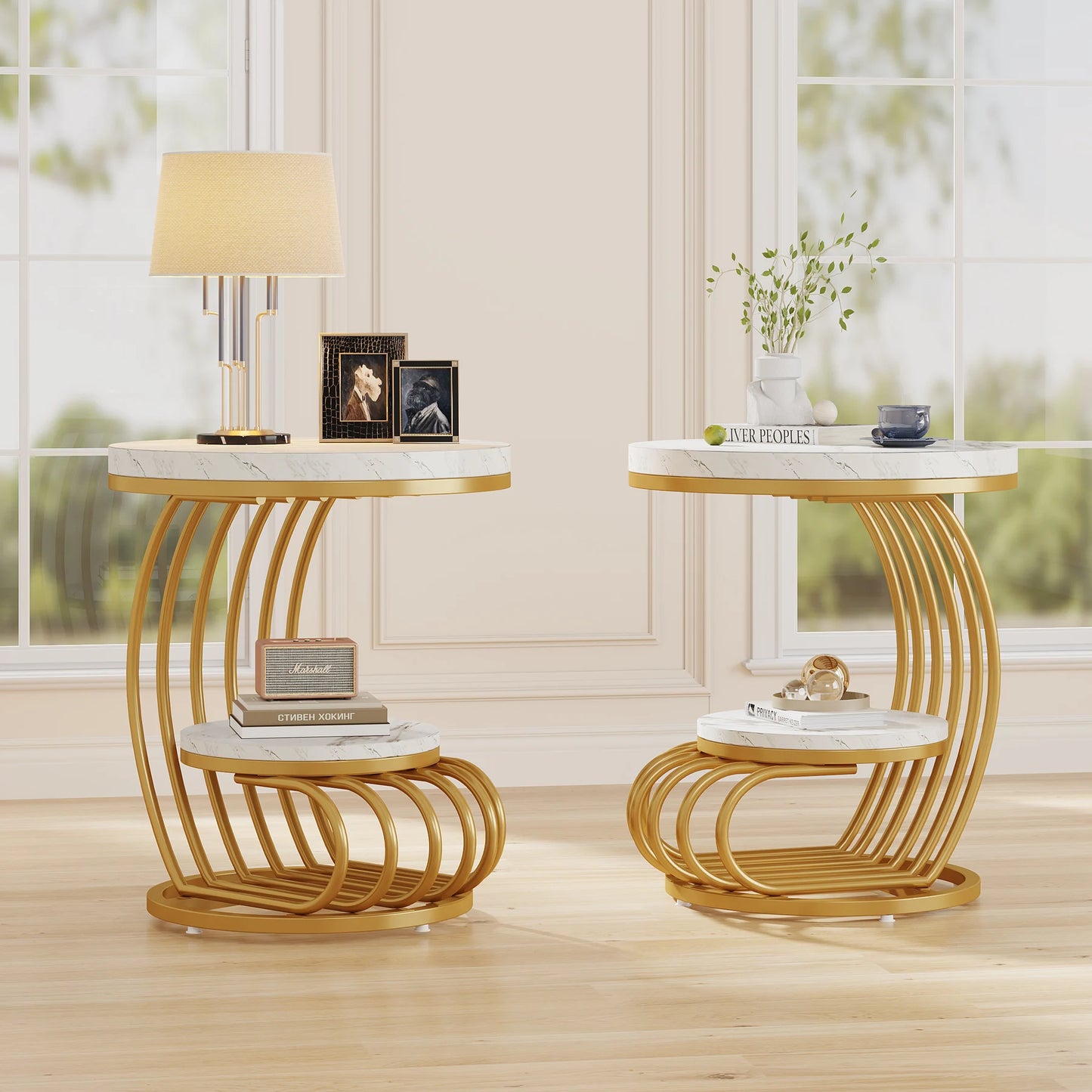 Tribesigns Round End Table With Storage Shelf Faux Marble