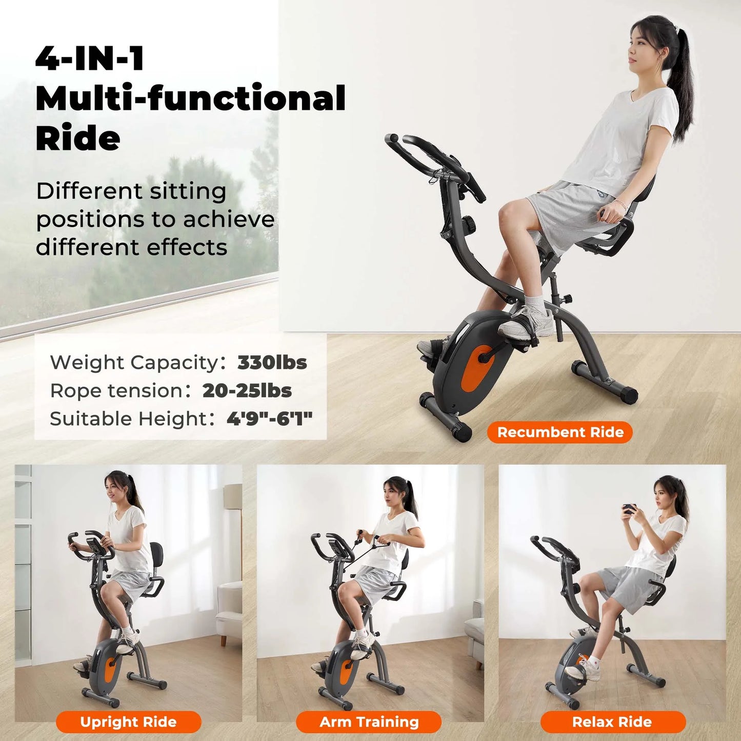 Folding Exercise Bike with Pulse Sensor and Arm Bands