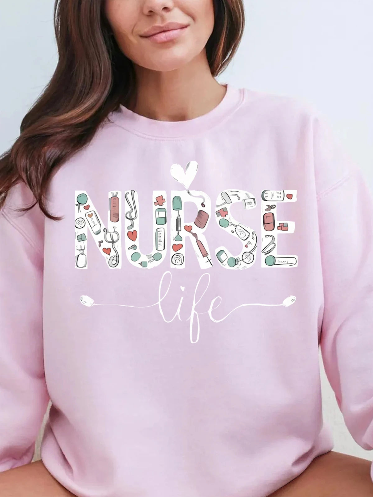 Fall Winter Plus Size Cotton Crew Neck Sweatshirt Women Nurse Life Print Oversized Hoodie Crew Neck Long Sleeved Casual Tops
